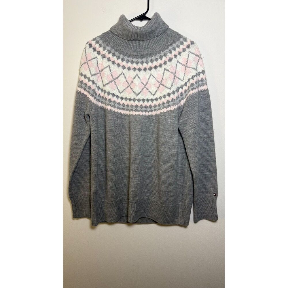 Tommy Hilfiger Women’s XL Fair Isle Turtleneck Sweater Gray Pink Nordic Knit